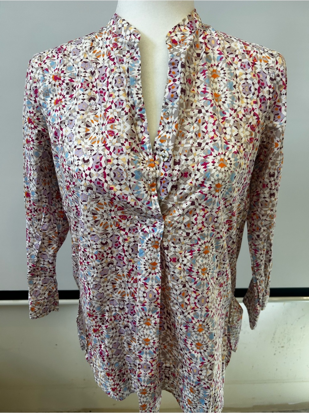 Long-Sleeve Printed Split-Neck Women's Blouse in Multi-Color